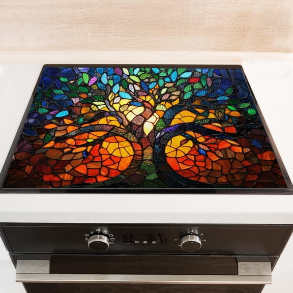 Stove Cover For Gas Stove, Retro Tree of Life Colorful Heat Resistant Glass Induction Cooktop Protector, Foldable Multifunctional Protector Mat for Kitchen RV (28×20 Inch)