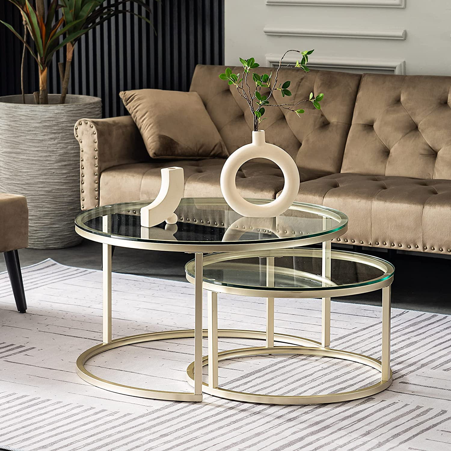 Voorouder porselein veiligheid HOMEFORT Round Nesting Coffee Table Set of 2, 31.5'' Modern Tempered Glass  Coffee Tables for Living Room, Accent Clear Side Tables Set End Tea Table  for Balcony Home Office Cafe (Gold) -