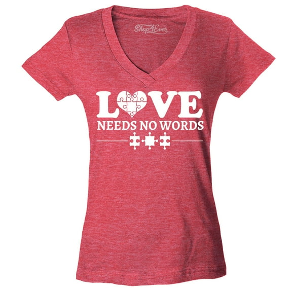 Shop4Ever Women's Love Needs No Words Autism Awareness Slim Fit V-Neck T-Shirt Medium Heather Red