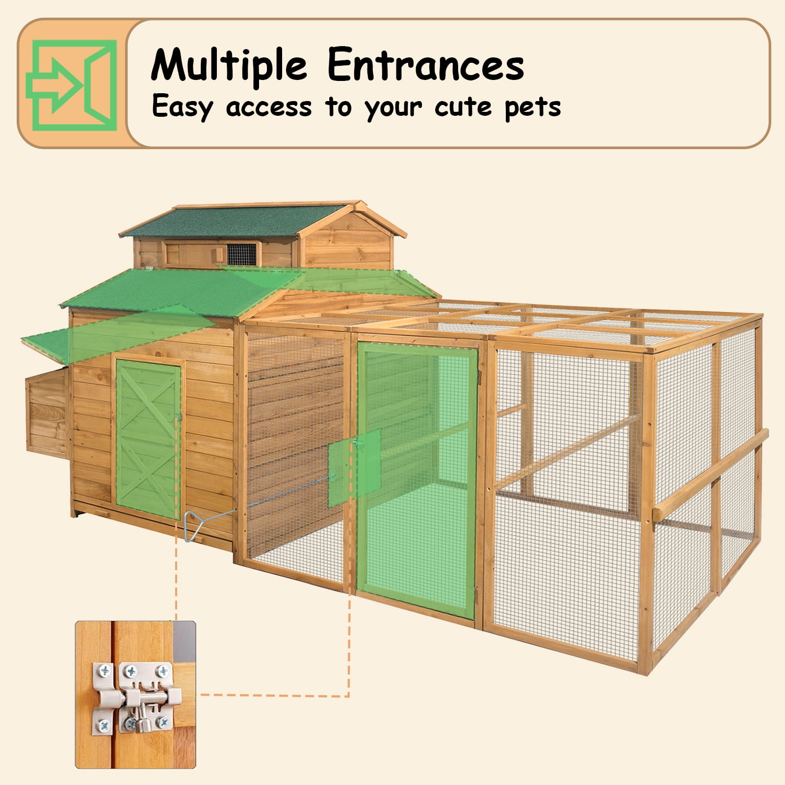 Chicken Coop for 6-10 Chickens, 112" Extal Large Chicken Coops, with Chicken Run & Nesting Box & Secure Enclosure, Outdoor Wooden Hen House Hutch for Rabbit, Poultry Pet, Duck