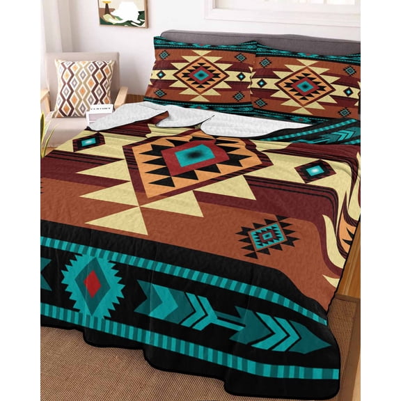 Turquoise Red Twin Size Down Alternative Comforter, Lightweight Comforter Quilt Bedding Set with Pillow Shams Southwest American Native Abstract Pattern All Seasons Bed Comforter Duvet Insert 68"x86"