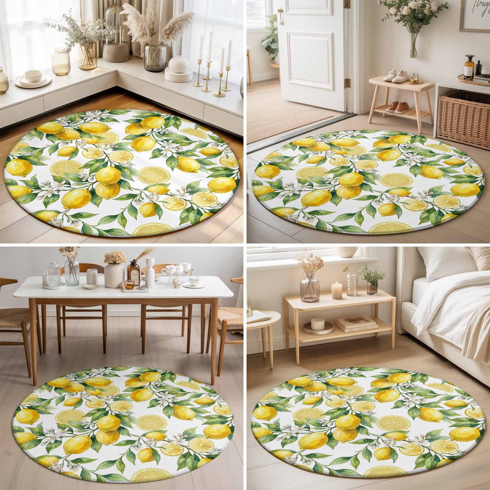 Round Area Rugs 7Ft, Lemon Non-Slip Washable Circle Rugs Carpet, Yellow Fruits Summer Watercolor Botanical Leaf Plant Indoor Outdoor Rug Floor Mats Throw Runner for Bedroom Living Room Bathroom