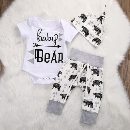 Newborn Girls Boy Baby Bear Romper Jumpsuit Pants Hat 3pcs Outfits Set Costume