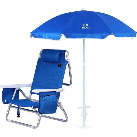 Backpack Beach Chair, Beach Chair with Umbrella, Cooler, and Cup Holder (Set of 1, Blue)