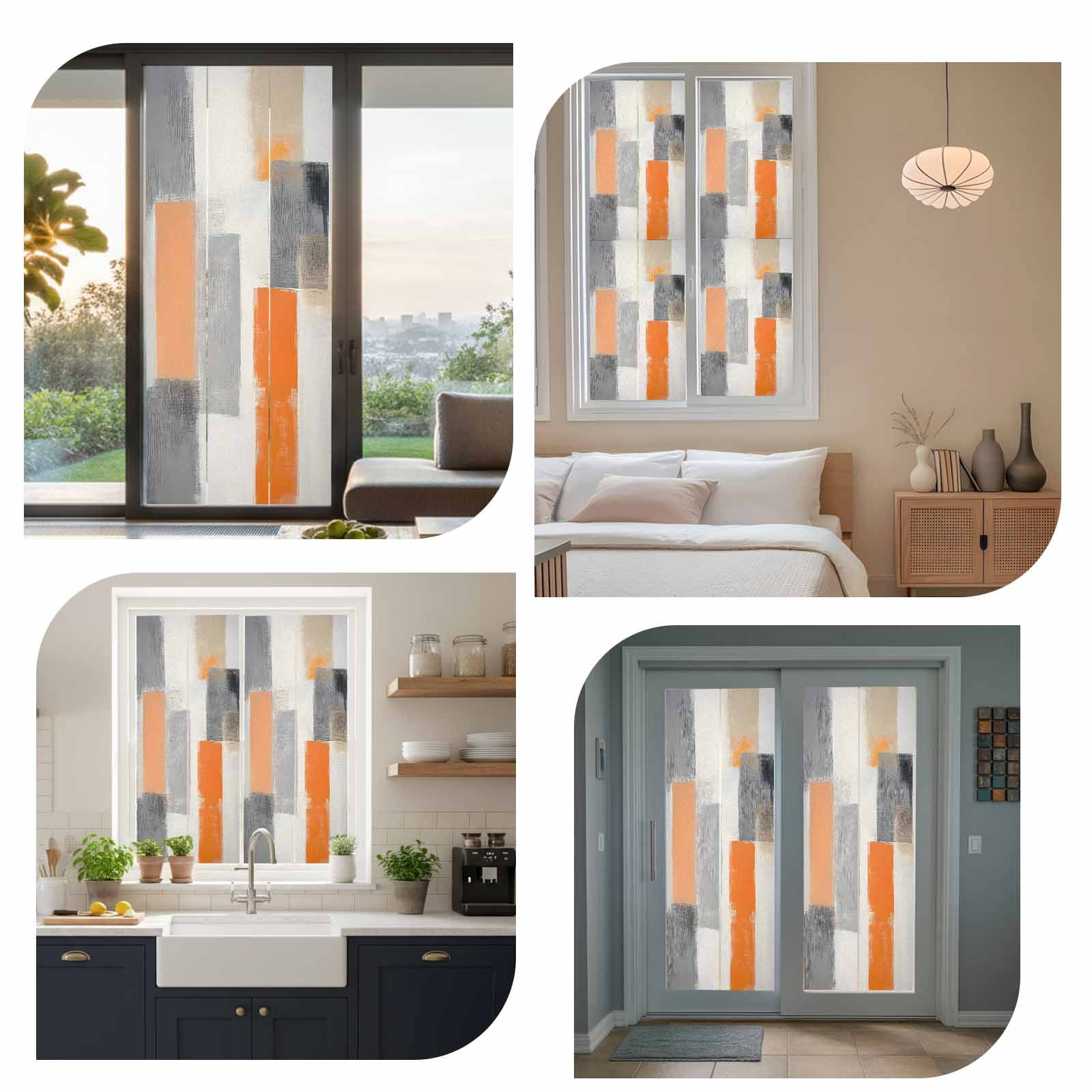 Modern Orange Beige Grey Window Privacy Film, Abstract Geometric Oil Painting Static Cling UV Sun Blocking Tint Film Heat Control Windows Films for Bedroom Bathroom, Window Stickers 29.5"x78.7"