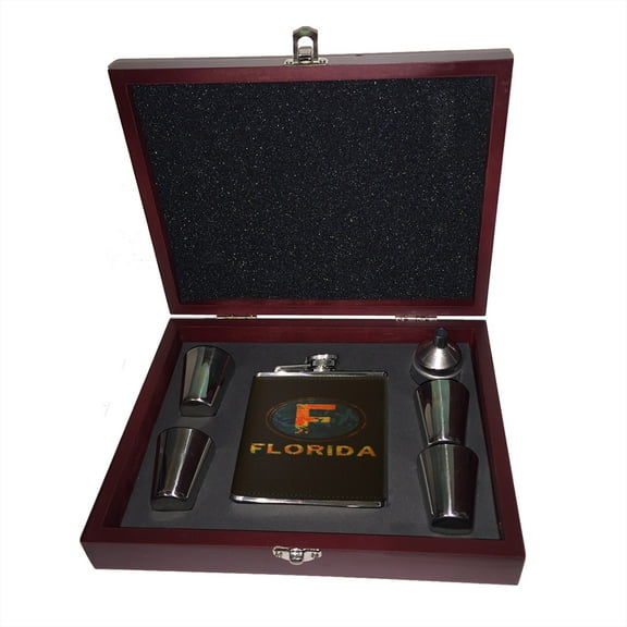 KuzmarK 6 oz. Leather Flask Set in Rose Wood Presentation Box - Florida Camouflage