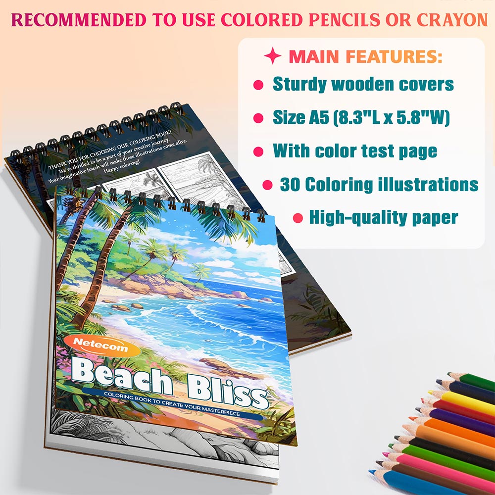 Beach Bliss Coloring Book Spiral Bound For Adults, A5 Wooden Cover, 30 Dreamy Coloring Pages in Idyllic Beach and Seaside Landscapes for Stress Relief and Relaxation