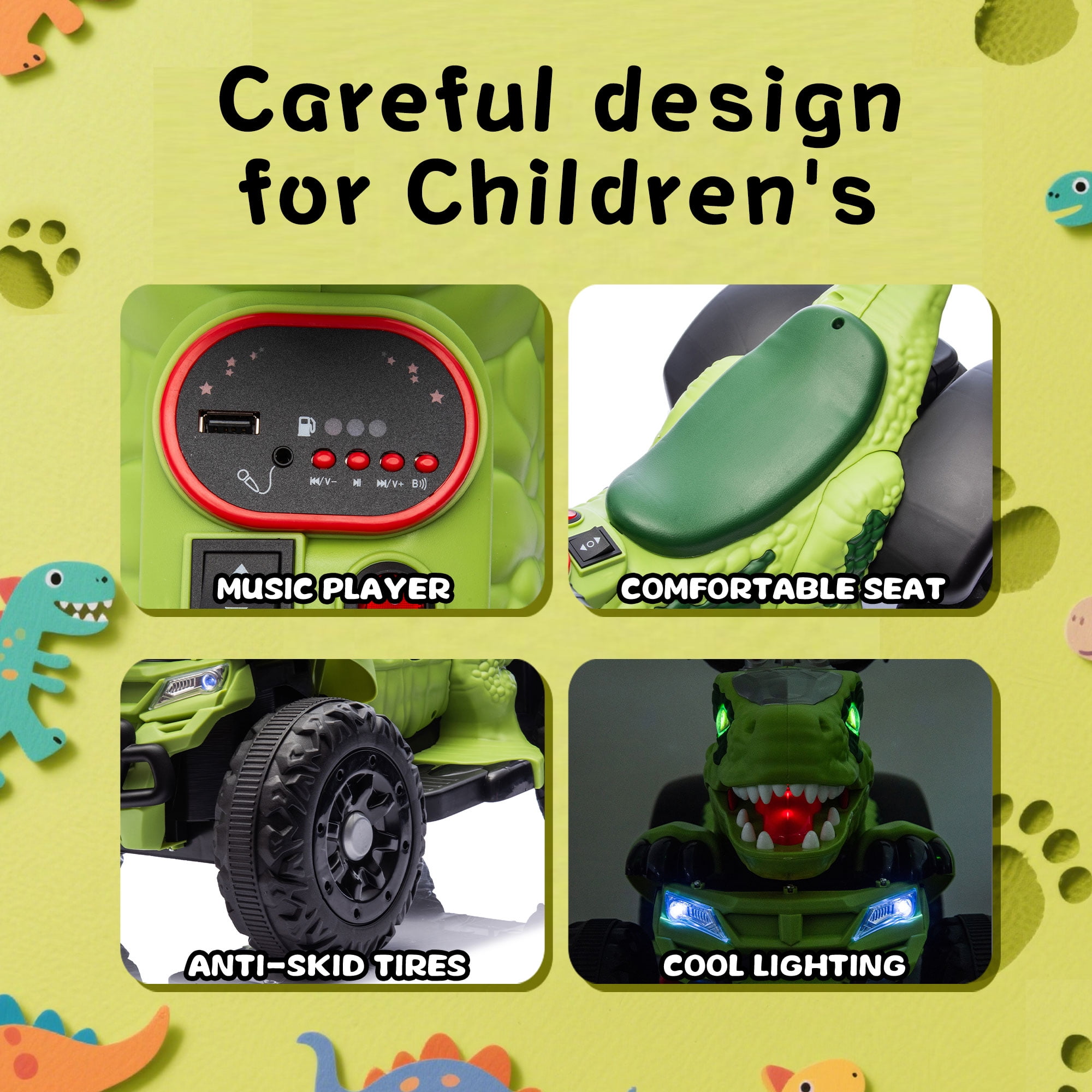 Track Seven 12V Electric Ride-On ATV, Dinosaur Four Wheeler Electric Car with Bluetooth, LED Lights, Music, Electric Quad Ride-On Toy Car for Toddlers Boys Girls Age 2+, Green