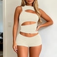 thumbnail image 2 of Womens Ribbed Cutout Tank Top and Shorts Set, Solid Color Slim Fit 2-Piece Outfit, Hollow Out Streetwear Matching Set for Casual Summer Party, 2 of 5