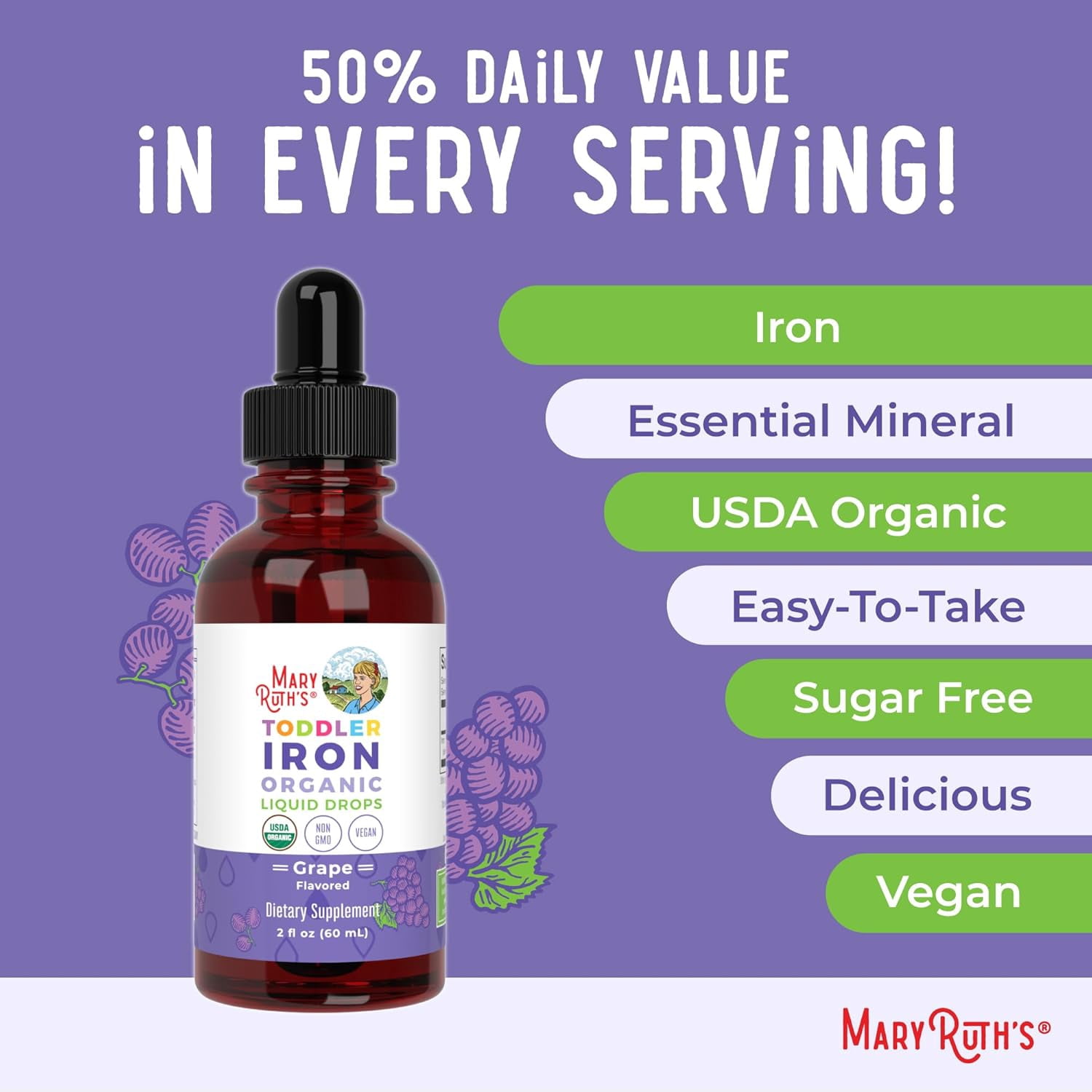 MaryRuth's USDA Organic Toddler Iron Liquid Drops for Ages 1-3, Grape, 2 oz