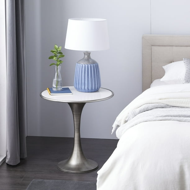 DecMode 25" x 25" Silver Ceramic Accent Table with White Marble Top, 1