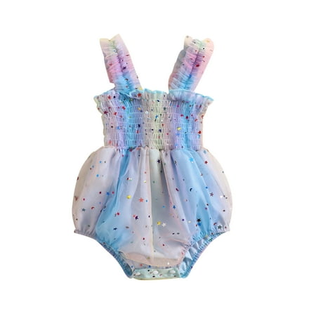 

Baby Girl Princess Tulle Bubble Romper Sleeveless Star Sequins Ruched Playsuit Colorful Clothes