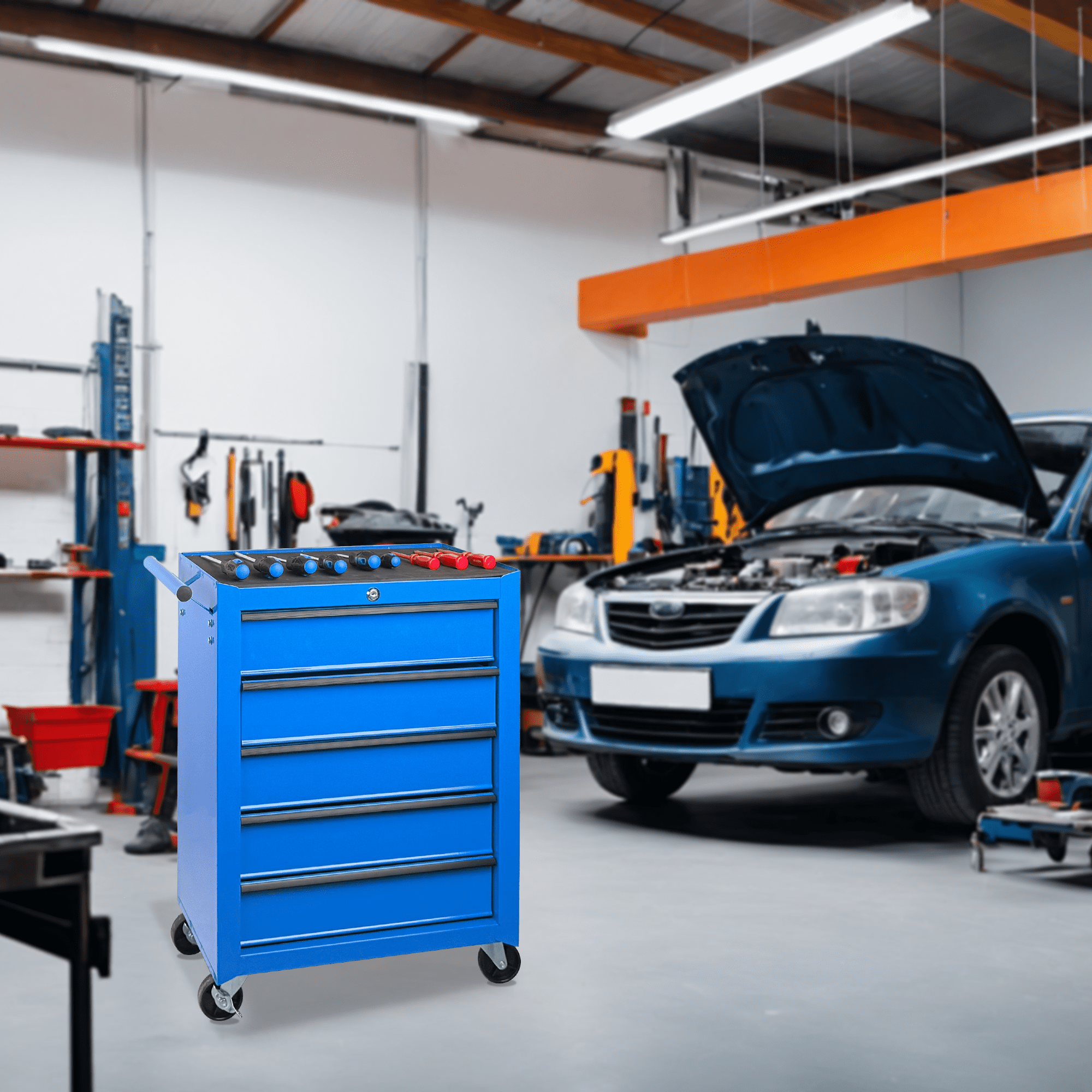 Rolling Metal Tool Chest,20 Inch 5-Drawer Tool Storage Cabinet with Lockable Casters & Steel Top Work Surface, Removable Tool Box, Mobile Tool Cart Organizer for Garage Workshop,Blue