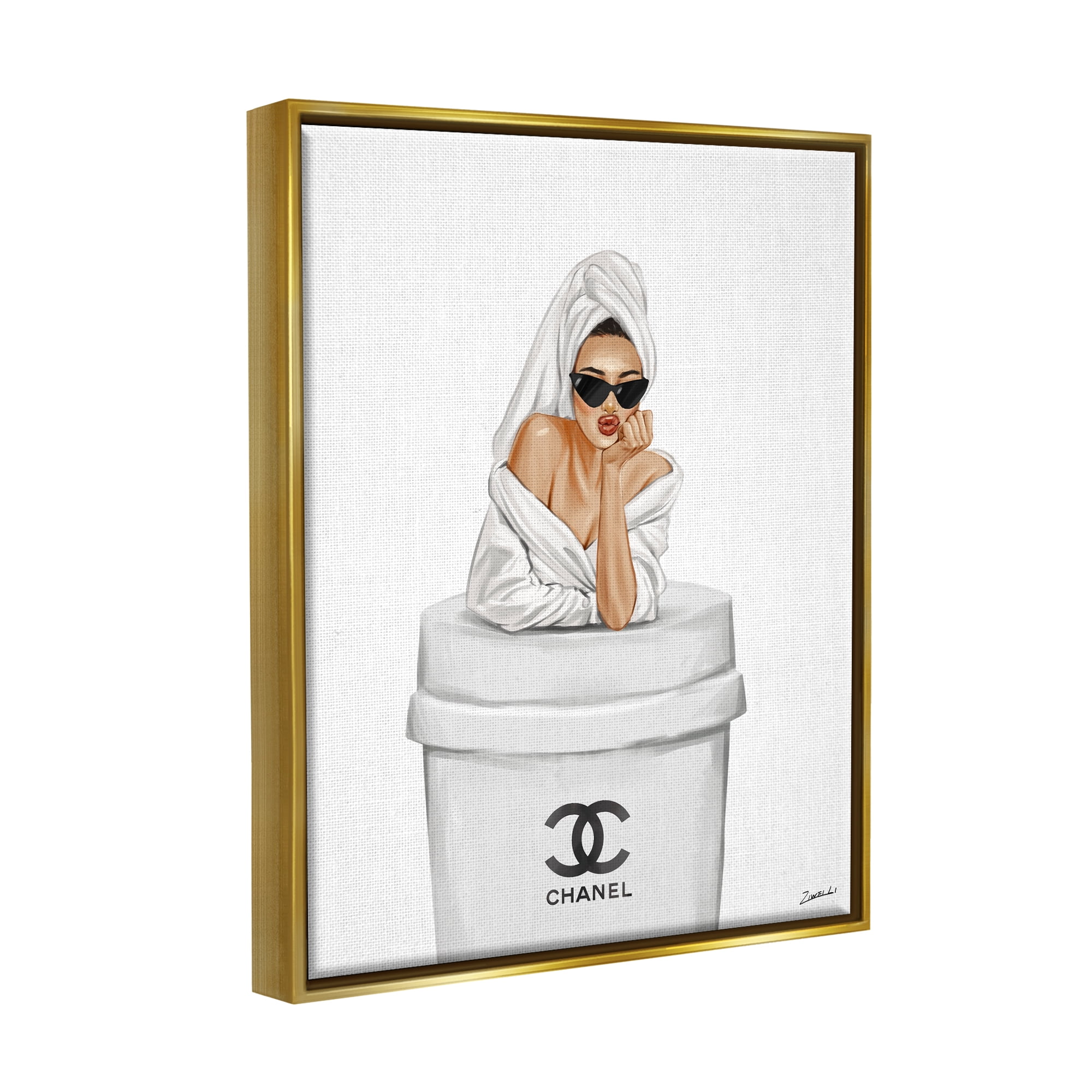 Stupell Industries Girl in Robe Morning Coffee Food & Beverage Painting Gold Floater Framed Art Print Wall Art, 25 x 31