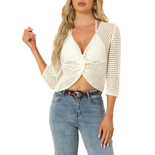 SUÉTER DE MANGA LARGA DE PUNTO CROP CON ESCOTE EN V Y FRONTAL TORCIDO HOLLOW OUT PARA MUJERES CHIC, BLANCO, TALLA L
