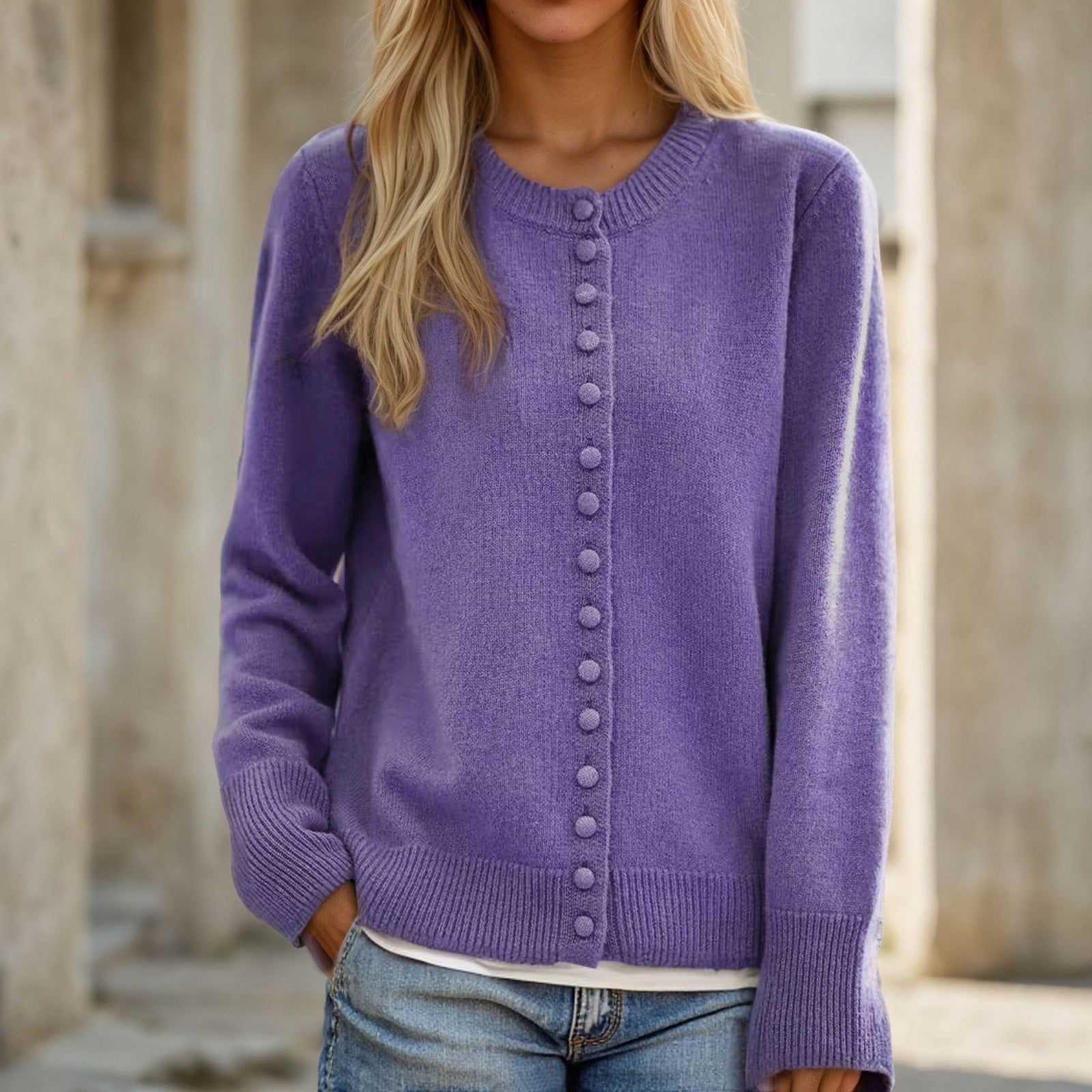 Knit Sweater Cardigans for Women Fall Casual Button Up Jacket Crew Neck Solid Color Long Sleeve Knitwear (XL, Purple) - image 2