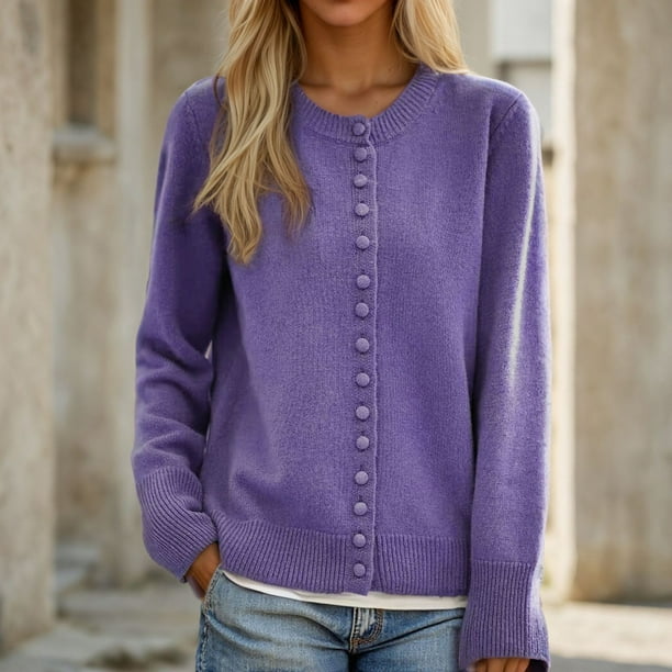 HongQid Women's Long Sleeve Button Down Vee Neck Classic Sweater Knit Cardigan
