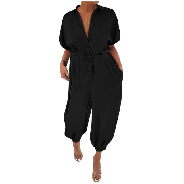 Combinaisons Grande Taille pour Femmes Chic petite Combinaison à Imprimé Léopard Col en v Manches Courtes Combinaison Pantalon Capri avec Poches