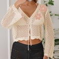 thumbnail image 6 of Tqyyweavej Bathing Suit Crochet Coverups for Women Hollow Out Print Tie Front Beach Cover Up Solid Color Long Sleeve Loose Swimsuit Cover Up, 6 of 7