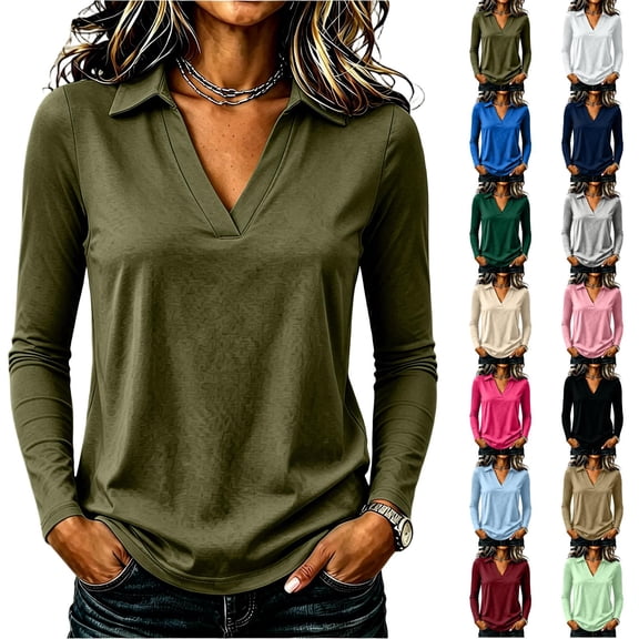 Trgacdwlo Polo Shirts for Women V Neck Collared Womens Long Sleeve T Shirts Basic Summer Loose Fit Business Casual Tops for Women Navy S