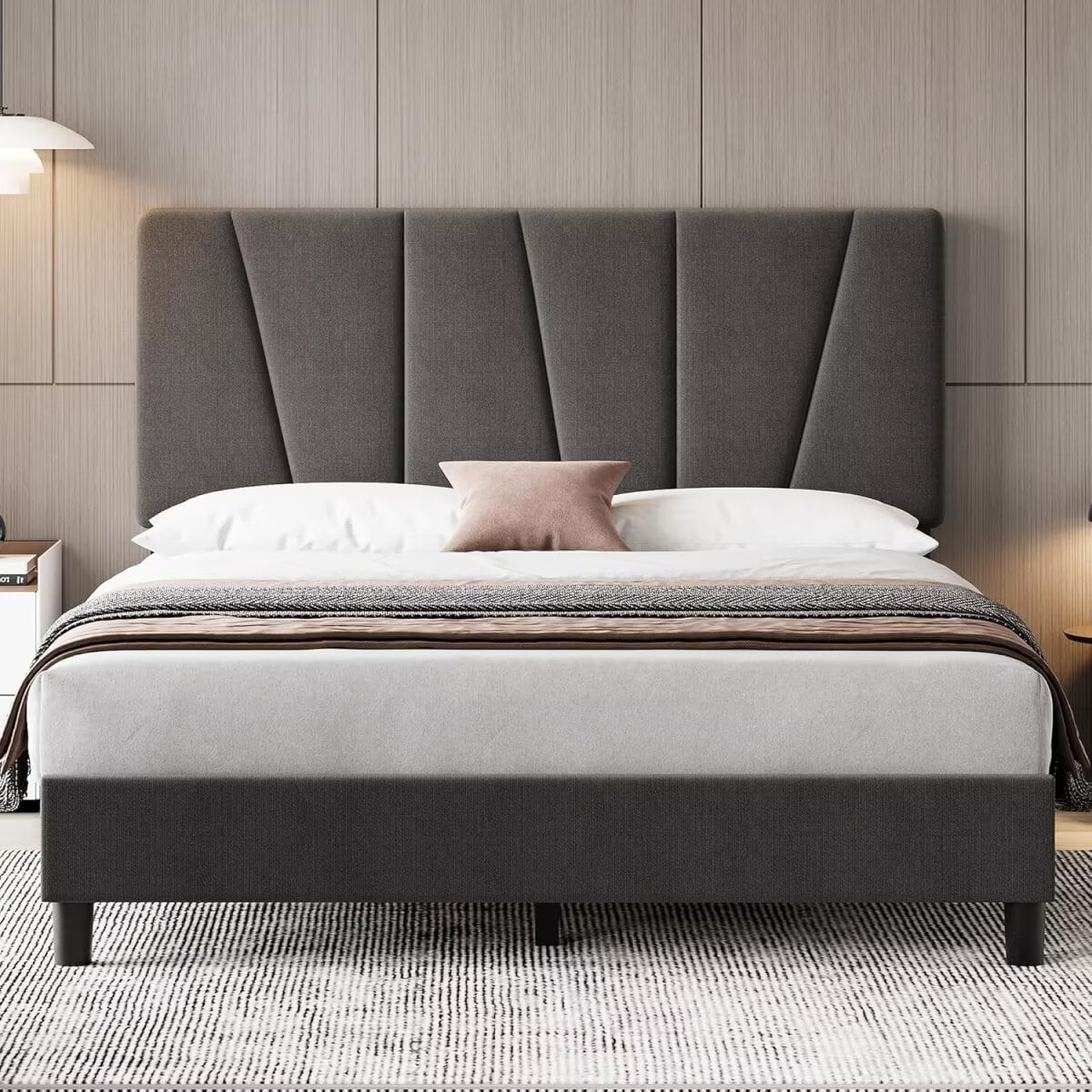 Queen Size Bed Frame with Adjustable Headboard, Upholstered Linen Platform Bed Frame with Strong Wooden Slats & Mattress Foundation, No Box Spring Needed, Easy Assembly, Dark Grey
