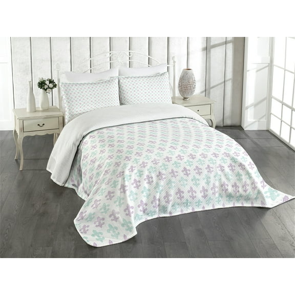 Ambesonne Fleur De Lis Quilted Bedspread Set 3 Pcs, Grunge Pastel Look, King Size, Mint Green Lilac White