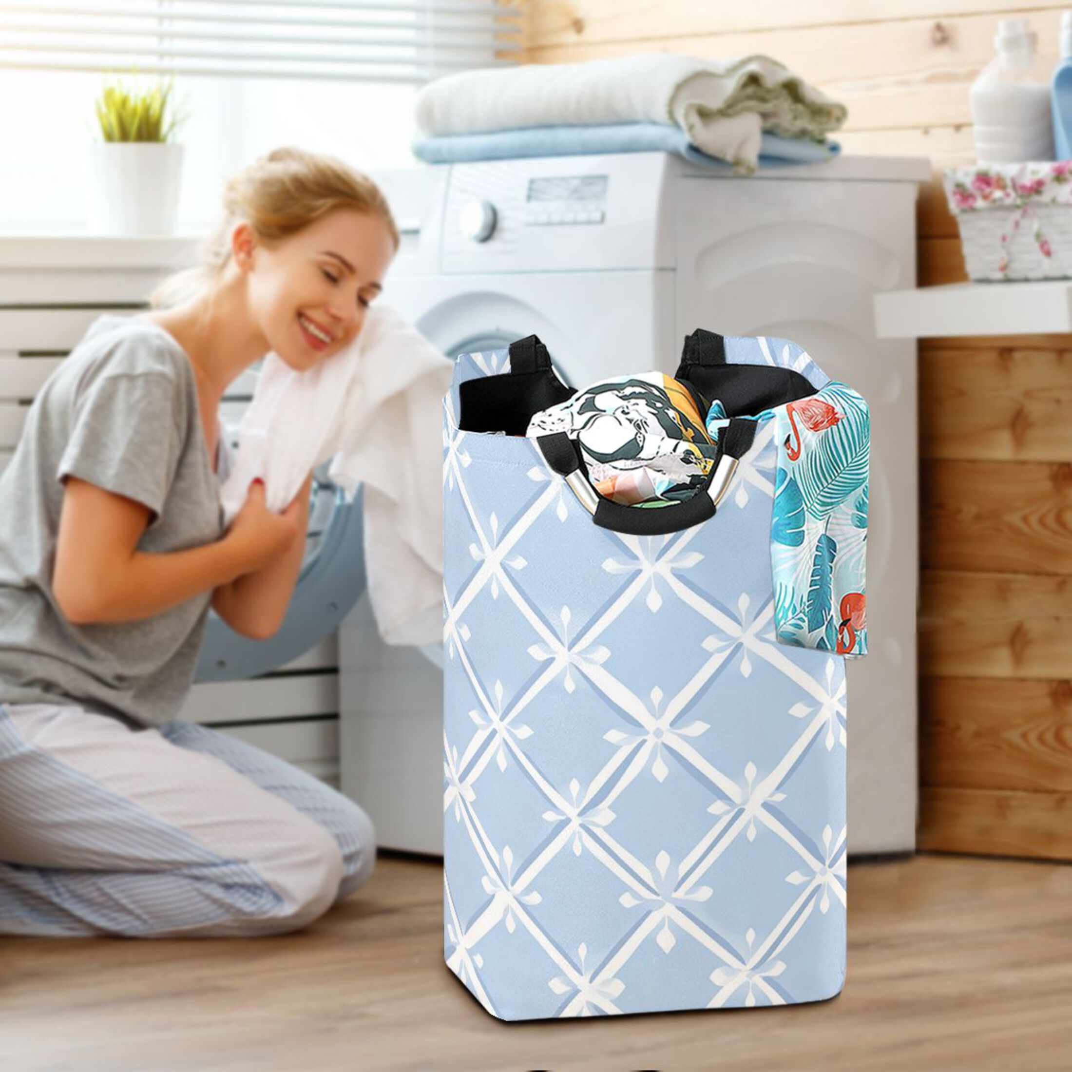 Light Blue Twill Checkerboard Laundry Basket with Handles Foldable Laundry Hamper Freestanding Washing Bin 50L