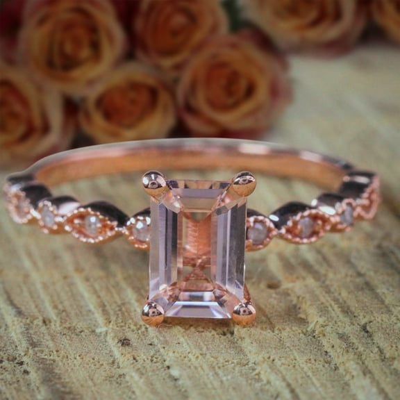 Limited Time Sale 7x5mm Emerald Cut 1.50 Carat Real and Morganite and Diamond Moissanite Engagement Ring with 18k Gold Plating