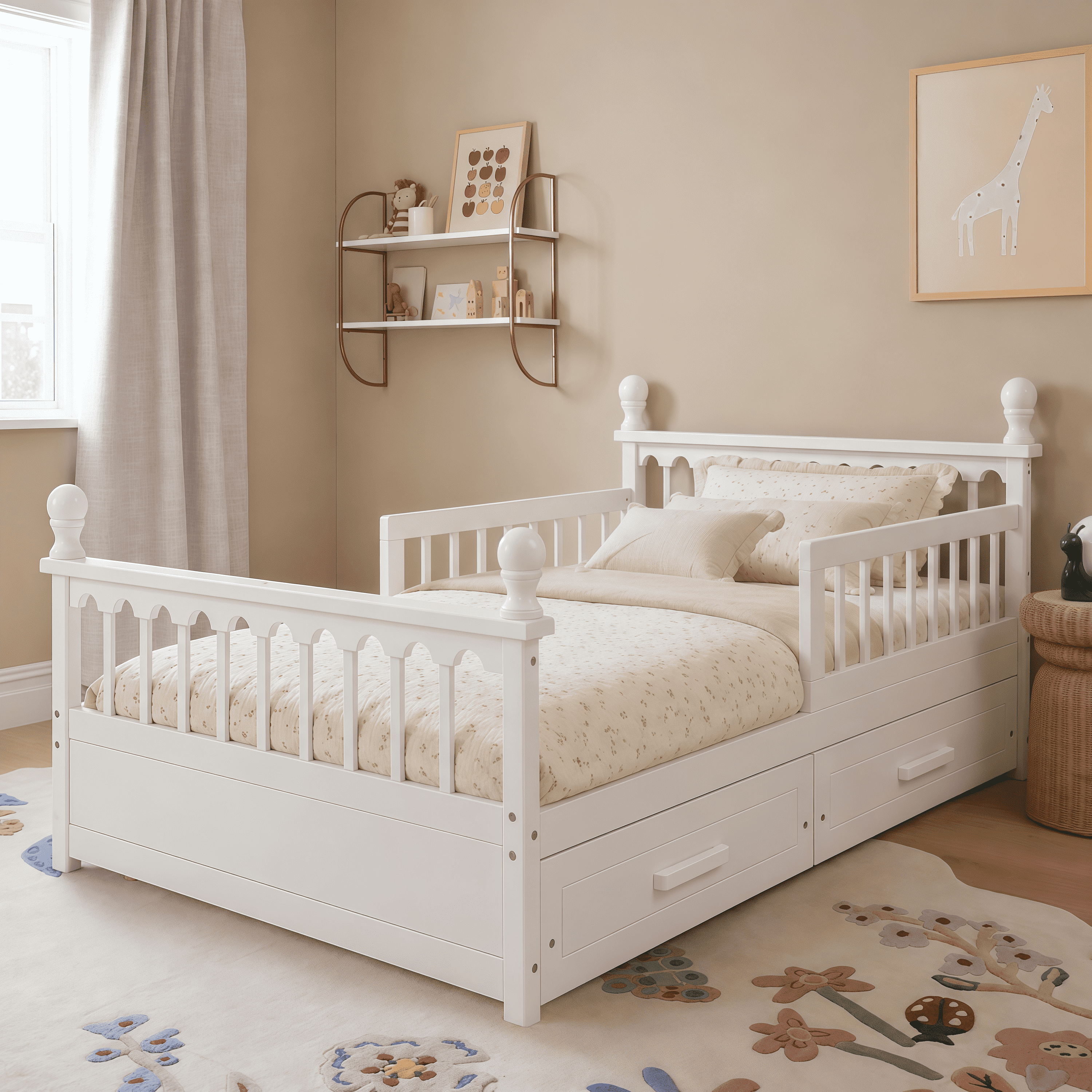 Euroco Wood Twin Size Platform Bed with Drawers, Low Profile Kids Bed with Safety Guardrails, No Box Spring Needed, White