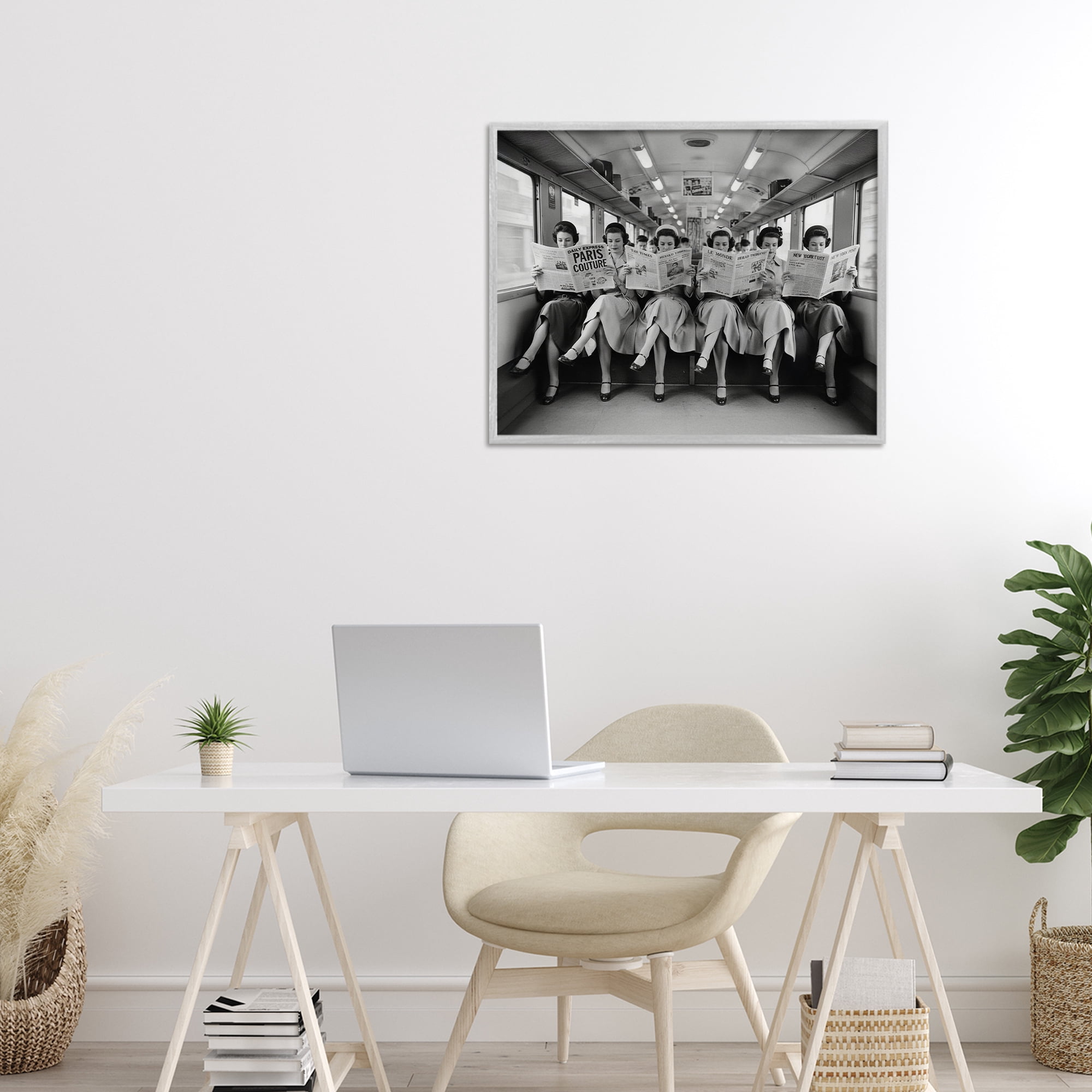 Stupell Industries Newsprint Ladies on Train Gray Framed Giclee Art, design by A Barefoot Stylist