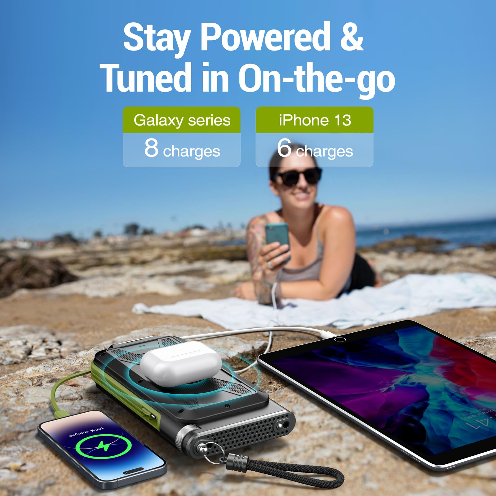 36800mAh, Power Bank with FM Radio, 15W QC 3.0 Fast Charging, Wireless Charger, Bright Flashlight, for Smartphones & USB Devices.