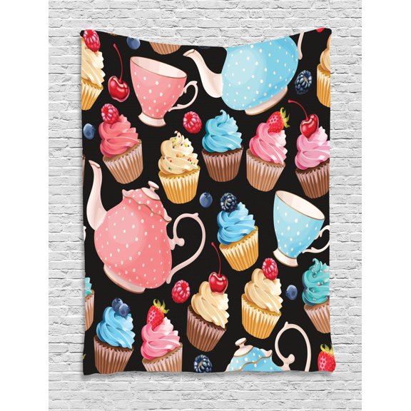 Tea Tapestry, Sweet Muffins Cupcakes with Blueberries Polka Dots Style Vintage Ceramic Teapots Kitsch, Wall Hanging for Bedroom Living Room Dorm Decor, 40W X 60L Inches, Multicolor, by Ambesonne