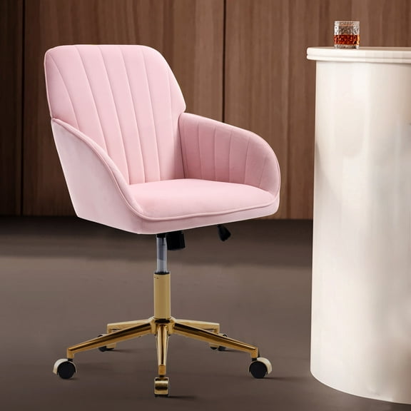 Knubmt Adjustable Velvet Office Chair with Wheels, 360 Degree Swivel Upholstered Desk Chair Task Chair for Home, Office, Living Room, Bedroom, Pink