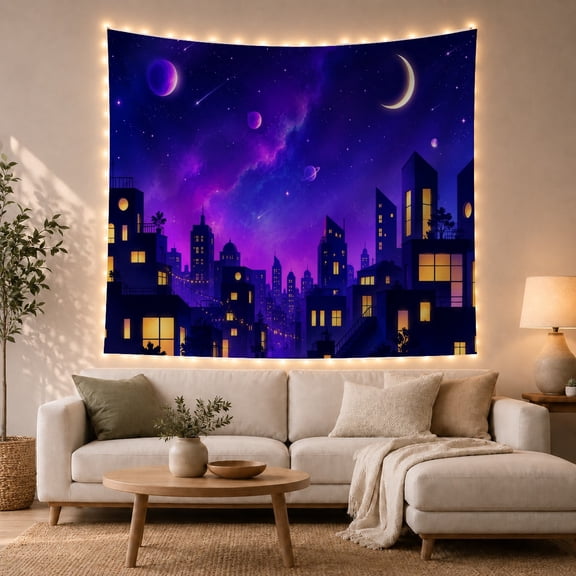 Moon Stars Fantastical with Cityscape Night Lower Portion, Mystical Fantasy for Space Lovers, Galaxy Room Decor, Graduation Gift, Tapestry Wall Hanging for Bedroom and Dorm
