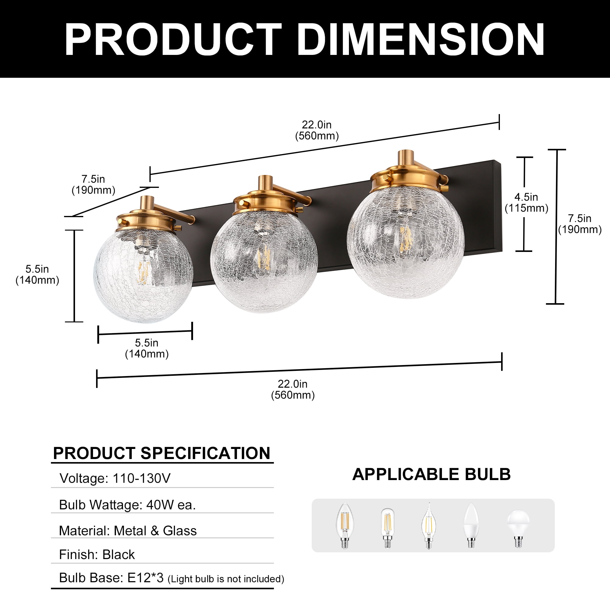 Bathroom Light Fixtures, Briignite 3-Light Vanity Light with Globe Glass Shades, Industrial Wall Sconces for Bathroom, Black and Gold