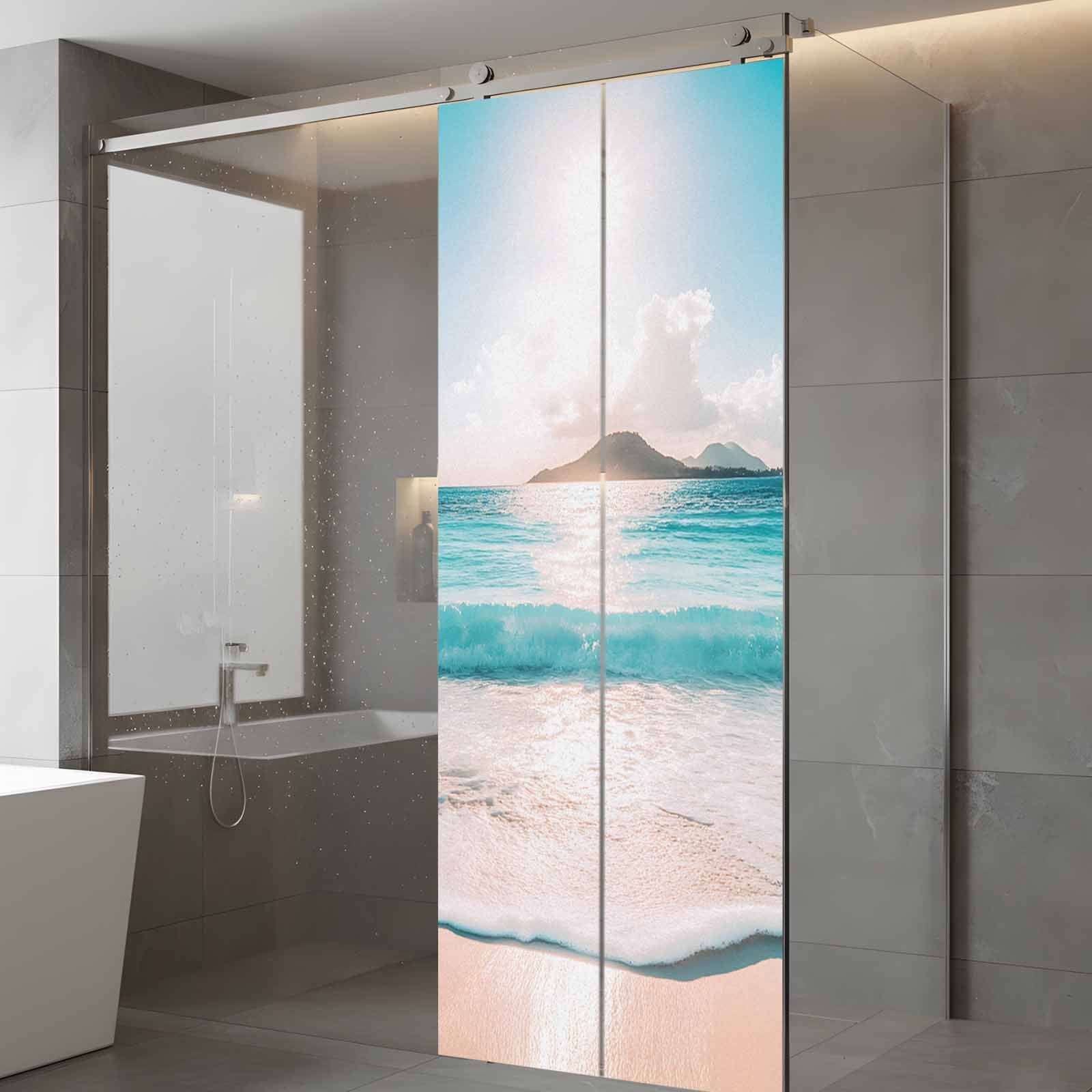 Summer Blue Sky Window Privacy Film, Modern Style Ocean Beach Wave Frosted Glass Window Clings Static Cling UV Heat Blocking Reusable Door Sticker for Bathroom 23.6 x 59 Inch