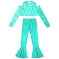 thumbnail image 3 of YONGHS Girls Shiny Metallic Jazz Hip Hop Street Modern Outfit Long Sleeve Crop Top with Flared Pants Lake Green 8, 3 of 5