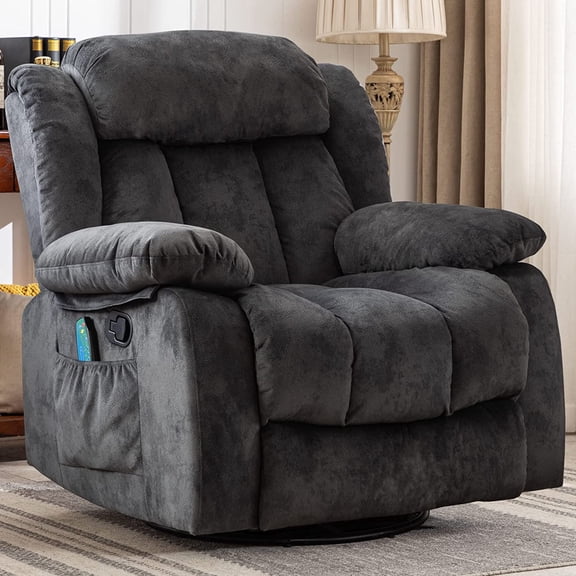 CANMOV Massage Swivel Rocker Recliner Chair with Heat and Vibration,360 Degree Manual Swivel Rocking Recliners with Side Pocket, Comfy Fabric Single Sofa Reclining Chair for Living Room, Grey