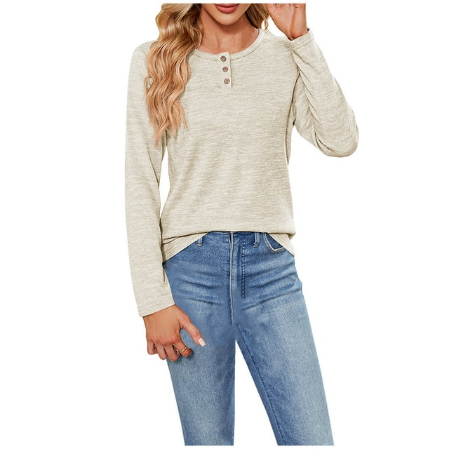 AherBiu Hauts pour Femmes Manches Longues Col Rond T-Shirt Basique Automne Classique Coupe Ample Couleur Unie
