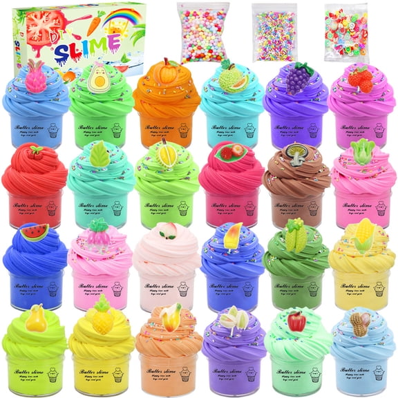 Slime Kit for Girls Ages 8-12, 24 Pack Butter Slime Kit with Cake Charms, Stress Relief Toy for Girls and Boys Party Favors and Birthday Gift, Christmas Stocking Stuffers