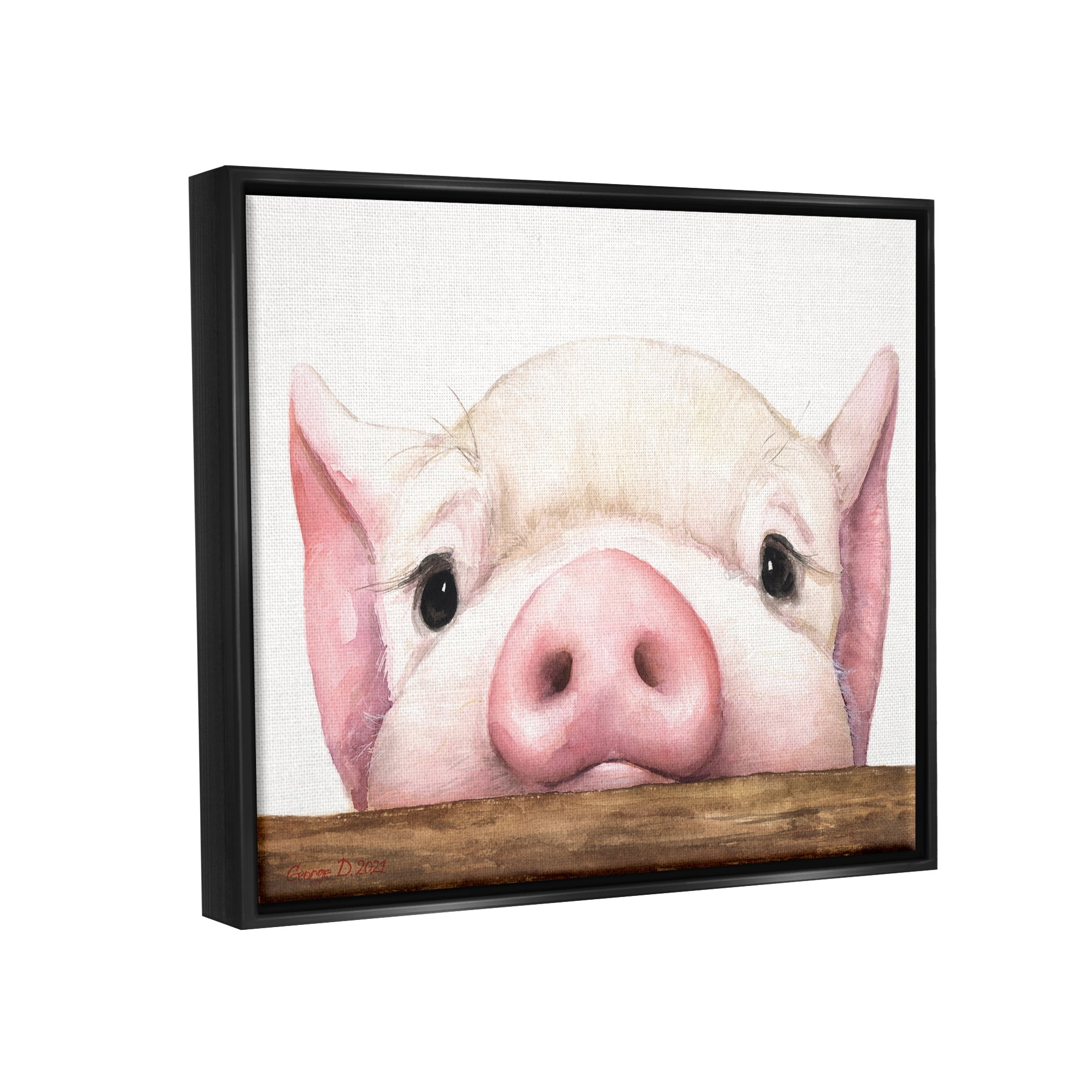 Stupell Industries Sweet Pink Pig Resting Snout Farm Animal Illustration Painting Jet Black Floating Framed Canvas Print Wall Art, Design by George Dyachenko