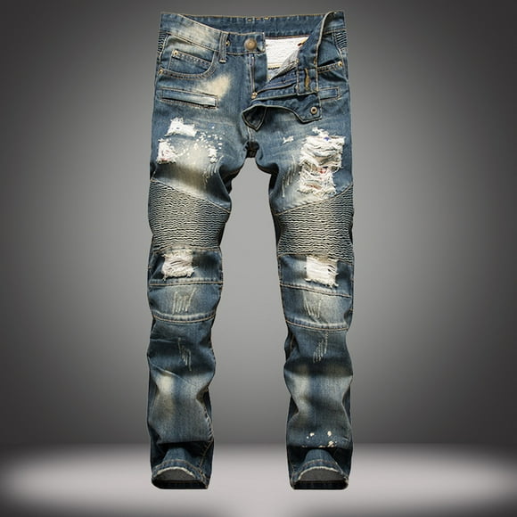 Virmaxy Pants For Men Fashion Trend Micro Elastic Slim Tie Elastic Small Straight Leg Jeans Cargo Pants Dark Blue-E XL