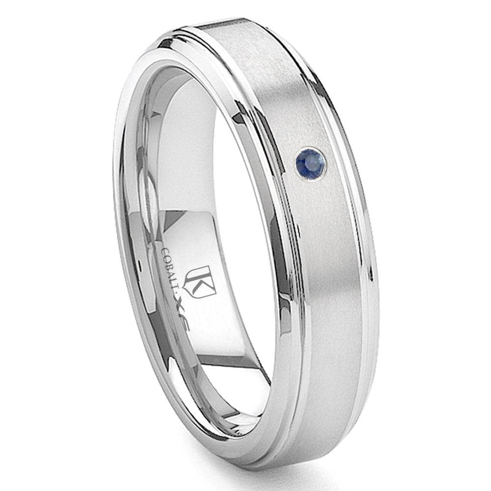Cobalt XF Chrome 6MM Solitaire Sapphire High Polish Pipe Cut Wedding Band Ring