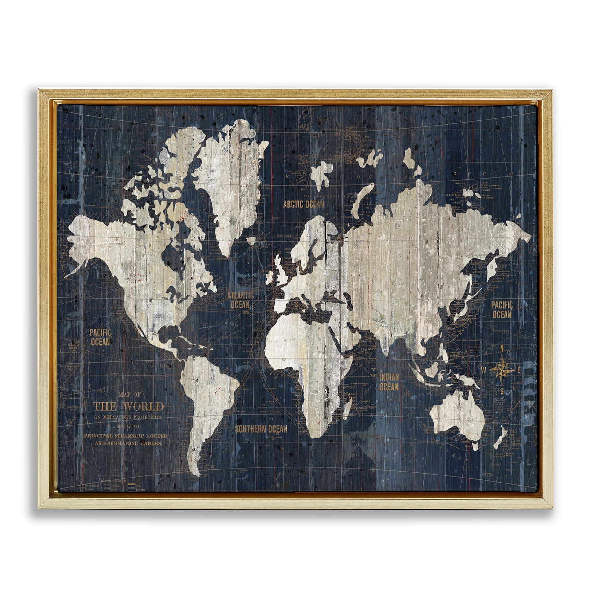 Stupell Industries Distressed Antique World Map Rustic Aesthetic Metallic Gold Framed Floating Canvas Wall Art, 16x20, by Wild Apple Portfolio