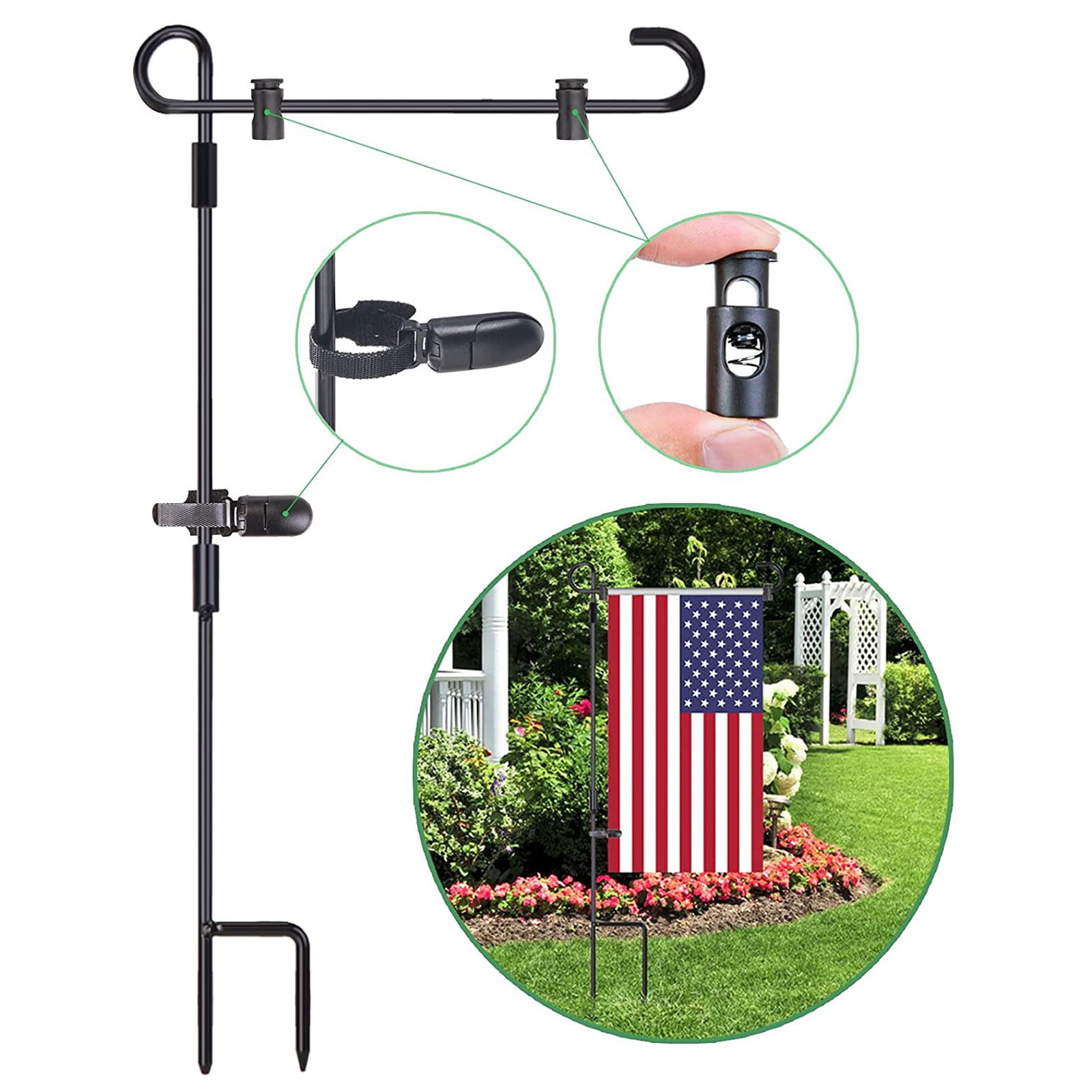 Garden Flag Stand with Garden Flag Premium Garden Flag Pole Holder Metal 36 H x 18 W with one Tiger Clip and Two Spring Stoppers with 12.5 x 18 American US Garden Flag 