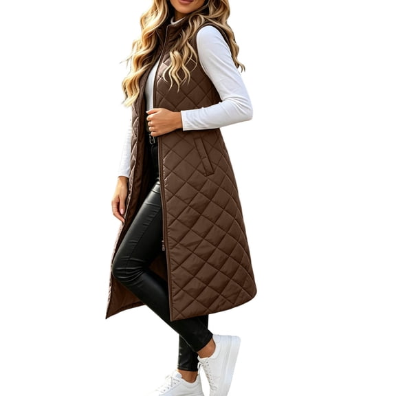 Sevevn Women's Stand‑Collar Quilted Long Puffer Vest Zip‑Up Maxi‑Length Sleeveless Gilet with Pockets Fall Winter Outerwear Brown L