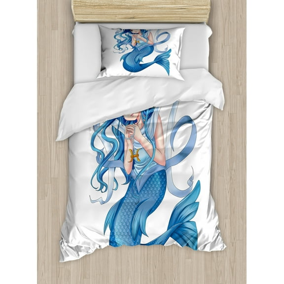 Anime Twin Size Duvet Cover Set, Manga Cartoon Style Character of a Pisces Girl Horoscope Zodiac Themed Avatar, Decorative 2 Piece Bedding Set with 1 Pillow Sham, Blue and White, by Ambesonne