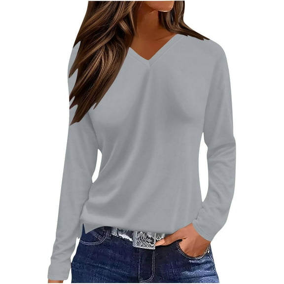 Hrsba Women's Long Sleeve Tops Fall Tops for Women Solid Color V Neck Long Sleeve Sun Protection Casual T Shirt Winter Fashion Ladies Tops Womens' Tops