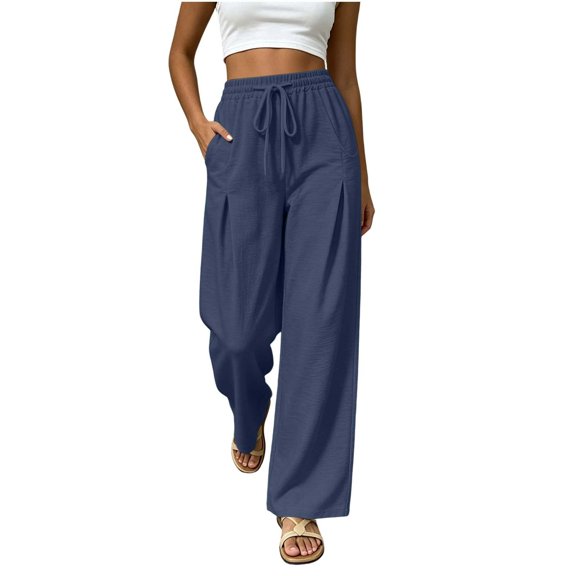 Linen Wide Leg Pants for Women Elastic Waist Solid Color Palazzo Pants Casual Summer Drawstring Long Pants with Pockets Flowy Beach Vacation Clothes