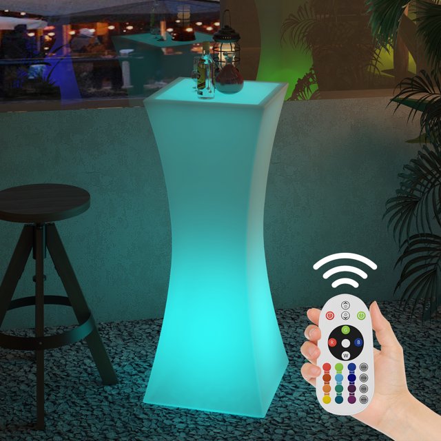 Puremind Table de Cocktail Lumineuse Rechargeable à DEL pour Bar avec Télécommande, Meuble Lumineux Rechargeable à 16 Couleurs RVB Changeant, Taille Fine avec Courbes, Table d'Appoint de Patio, Colonne Carrée